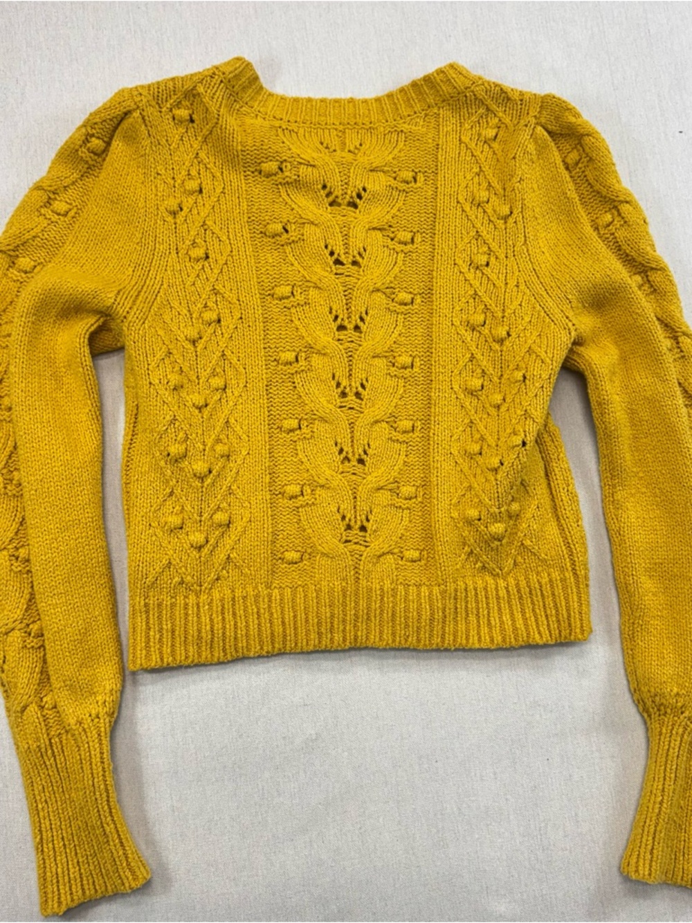 Anthropologie Mustard Yellow Cable Knit Puff Sleeve Cardigan Sweater Sz M - Picture 15 of 15